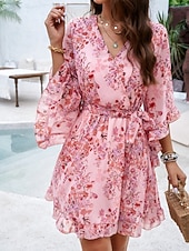 cheap Casual Floral Dresses-Women's Mini Dress Casual Dress Chiffon Dress Floral Dress Elegant Fashion Modern Outdoor Vacation Going out Regular Fit Floral Half Sleeve V Neck Black Pink Green Summer Spring