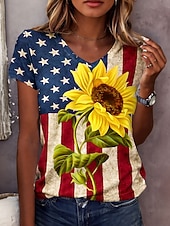 abordables Día de la Independencia Top-día de la independencia americana Mujer Camiseta Estampado Graphic Bandera Vintage Elegante Clásico Manga Corta Escote en Pico Tops regulares Diario Azul Piscina Verano Primavera