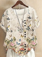 Χαμηλού Κόστους Πουκάμισα-Γυναικεία Πουκάμισο Μπλούζα Λινό από ψεύτικο βαμβάκι Στάμπα Φλοράλ Καθημερινό Αμάνικο Κοντομάνικο Στρογγυλή Ψηλή Λαιμόκοψη Τετράγωνη Λαιμόκοψη Λαιμός σέσουλα Κανονικά μπλουζάκια Καθημερινά Λευκό Μπεζ