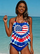 abordables Traje de baño del Día de la Independencia-Traje de baño tankini de dos piezas para mujer, con motivo del Día de la Independencia de Estados Unidos, sin espalda, para vacaciones en la playa, con cuello halter y bandera estadounidense, sin