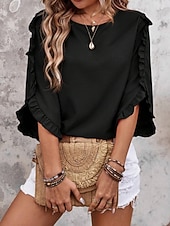 abordables Blusas Elegantes-Mujer Camisa Blusa Blusa con volantes Volante Plano Elegante Clásico Moderno Manga 3/4 Cuello Barco Tops regulares Diario Festivos Noche Negro Rojo Naranja Verde Trébol Albaricoque Verano Primavera