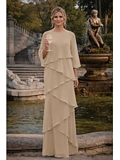 preiswerte Bodenlänge-Schlauchkleid Bodenlang Kleid für Hochzeitsgäste Abendkleid Brautmutterkleid Dreiviertelarm Rundhalsausschnitt Elegant Formell Chiffon mit Rüschen