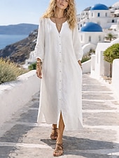 abordables Vestidos-Mujer Vestido maxi Vestidos con tacto de lino Lino de algodón sintético Vestido de cambio Vestido de Camisa Elegante Básico Casual Manga de la linterna Diario Hogar Trabajo Holgado Plano Manga Larga