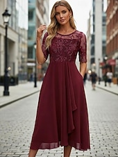 billiga Chiffongklänningar-Dam Midiklänning Chiffongklänningar Spetsklänning Cocktail klänning Bröllopsgästklänning Elegant Formell Fest Bröllop Normal Halvlång ärm Rund hals Rodnande Rosa Guld Grön Mörkblå Sommar