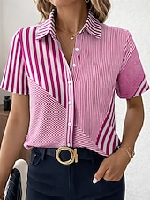 voordelige Strepen- en Geometrische Blouses-Dames Overhemd Knop Afdrukken Grafisch Geometrisch Vintage Stijlvol Modern Korte mouw Overhemdkraag Normale tops Dagelijks Kantoor blauw Blozend Roze Paars Groen Zomer Lente