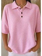  בגדי ריקוד נשים חולצת וופל צמרות קיץ כפתורים צבע אחיד וינטאג' מסוגנן ללא שרוולים צווארון פולו חולצות ארוכות יומי בָּחוּץ חגים צהוב ירוק בהיר ורוד מסמיק קיץ אביב סתיו