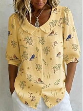 economico Bluse Floreali-Per donna Camicia Floreale Grafico Vintage Elegante Collare Peter Pan Top lunghi Quotidiano Ferie Uscire Blu Bianco Giallo Estate Primavera
