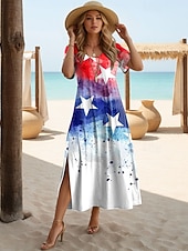  Amerikai függetlenség napja Női Szabályos Midi ruha Nyári ruha Pólóruha Elegáns Szüret Alkalmi Tengerpart Normál Grafika Zászló Rövid ujjú Terített nyak Medence Fekete Rubin Nyár Tavasz