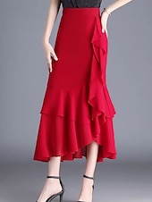 abordables Faldas casuales-Mujer Falda de vacaciones Elegante Moda Casual Midi Alta cintura Faldas Plano Rizado Microelástico Diario Calle Negro Rojo Morado Café Verano