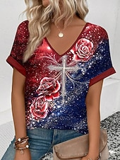 abordables Top jour de l’indépendance-Jour de l'Indépendance Américaine Femmes T-shirt Imprimé Fleuri Graphique Drapeau ancien Occasionnel Manche Courte Col en V Hauts Réguliers Quotidien Week-end Vêtements de vacances Bleu Vin Vert Ét