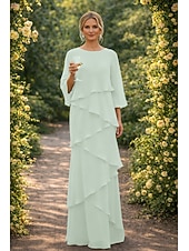 preiswerte Bodenlänge-Schlauchkleid Bodenlang Kleid für Hochzeitsgäste Abendkleid Brautmutterkleid Dreiviertelarm Rundhalsausschnitt Elegant Formell Chiffon mit Rüschen