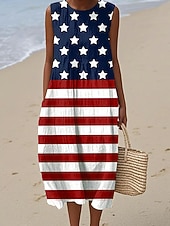  día de la independencia americana Mujer Vestido Midi Vestido de cambio Vestido de verano Vacaciones Fiesta Casual Diario Ajuste regular Holgado Bandera Sin Mangas Cuello Barco Azul Piscina Blanco