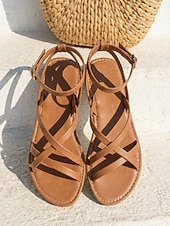 preiswerte Flache Sandalen-Minimalistische braune Riemchensandalen für Damen – bequeme, flache Gladiatorensandalen im griechischen Stil mit Knöchelriemen für Strandurlaub und Sommerreisen auf die Insel. &amp;Boho-Urlaubsoutfits