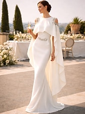 cheap Ball Gown Evening Dresses-Mermaid Trumpet Floor Length Ball Gown with Cape Evening Gown Formal Dress Elegant Maxi Sleeveless Jewel Neck Formal Wedding Guest Capes Stretch Chiffon with Appliques