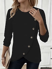 preiswerte Einfarbiges T-Shirt-Damen T Shirt T-Shirt Knöpfe Einfach Mode Stilvoll Klassisch Kurzarm Rundhalsausschnitt Normale Oberteile Täglich Ausgehen Wochenende Blau Schwarz Weiß Rote Grün Sommer Frühling Herbst