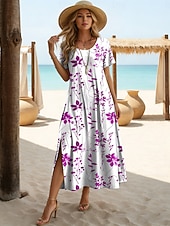 Χαμηλού Κόστους Floral φορέματα-γυναικείο φόρεμα μίντι μπλε και άσπρο λουλούδια διακοπές φόρεμα σε γραμμή α διακοπές casual παραλία αργία ραντεβού φαρδιά εφαρμογή φλοράλ γραφικό κοντομάνικο στρογγυλή λαιμόκοψη μπλε κίτρινο κόκκινο μωβ καλοκαίρι άνοιξη