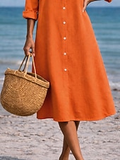 tanie Podstawowe sztuczne sukienki-Damskie Sukienka midi Sukienka koszulowa Codzienne sukienki Sukienka A line Sukienka z imitacji lnu Moda Podstawowy Nowoczesny Codzienny Urlop Wyjściowe Regularny Równina Długi rękaw Kołnierzyk