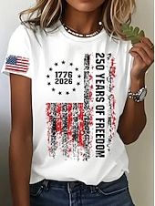  Amerykański Dzień Niepodległości Damskie Podkoszulek Nadruk Graficzny Litera Flaga Ameryki Elegancki Klasyczny Codzienny Krótki rękaw Półgolf Zwykłe topy Codzienny Niebieski jesion Czarny Biały Lato