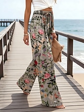 baratos Calças Gráficas-Mulheres Perna larga chinês Calças Férias Moda Roupa de rua Comprimento total Cintura Alta Floral Gráfico Bolsos Cintura elástica Imprimir Confortável Conforto Respirabilidade Micro-Elástica Diário