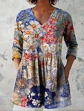  Damen Bluse Druck Blumen Urlaub Täglich Lässig Dreiviertelarm V Ausschnitt Normale Oberteile Täglich Ferien Ausgehen Blau Königsblau Purpur Grün Sommer Frühling Herbst