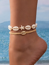 baratos Acessórios de férias-Conjunto de tornozeleiras femininas estilo boêmio com conchas, multicoloridas, ajustáveis, perfeitas para férias na praia e uso casual no dia a dia.