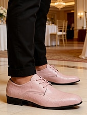 levne Derby boty-Pánské růžové společenské boty s reliéfním vzorem krokodýla, svršek z umělé kůže na šněrování, moderní módní styl, ideální pro trendy muže na svatby a akce
