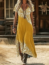 お買い得  エスニックボヘミアンドレス-女性用 マキシドレス 自由奔放に生きるドレス カジュアルドレス A ラインドレス プリントドレス ヴィンテージ アウトドア バケーション 週末 ルーズフィット グラフィック 半袖 Ｖネック ブラック イエロー ライトグリーン ピンク 夏 春