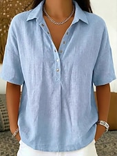 cheap Shirts-Women's Shirt Linen-feel Shirts Vintage Stylish Short Sleeve Turndown Regular Tops Daily Work Holiday Blue Black White Pink Light Brown Summer Spring