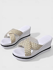 cheap Women-Women's Chic White Woven Wedge Sandals - Comfortable Criss-Cross Platform Slides for Luxury Hotel Poolside, Beach Resorts &amp; Summer Vacation Outfits