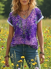 billiga Boho t-shirt-Dam T-shirt Mönster Blommig Grafisk bohemliv Vintage Ledigt Kortärmad V-hals Vanliga toppar Dagligen Blå Rubinrött Purpur Grön Sommar Vår