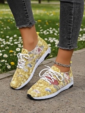 cheap Women's Sneakers-Women's Yellow Floral Print Knit Sneakers – Lightweight Breathable Casual Shoes with Cushioned Non-Slip Sole, Fashion Walking Shoes for Travel, Outdoor and Everyday Wear