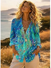 preiswerte Blumenblusen-Damen Hawaiian Hemden Fließende Tops Vintage Lässig Grafik Geometrisch Lange Tops Langarm Hemd Kragen Patchwork Knöpfe Druck Form Fit Urlaub Arbeit Täglich Hellblau Sommer Urlaub Bekleidung