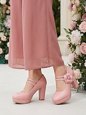 billiga Brudens/Brudgummens mor-Rosa platåskor med Mary Jane-klack för kvinnor, grova klänningar med blockklack och blommiga detaljer för brudens mor, trädgårdsbröllop &amp;formella evenemang