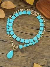 رخيصةأون اكسسوارات العطلة-قلادة نسائية بوهيمية متعددة الطبقات من الفيروز، وقلادة من الخرز المصنوع من الأحجار الصناعية وسلسلة من سبيكة الذهب مع قلادة على شكل دمعة، مناسبة لعطلات الصيف الشاطئية البوهيمية والاستخدام اليومي غير الرسمي