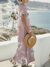  Mujer Vestido maxi Vestido bohemio Vestido informal Vestido de una línea Vestido Estampado Vintage Exterior Vacaciones Fin de semana Holgado Floral Graphic Manga Corta Escote en Pico Rosa Verano