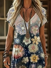 economico Abito Boho Etnico-Per donna Abito maxi Abito Boho Vestito Casual Abito a trapezio Abito Stampato Vintage All'aperto Vacanza Weekend Vestibilità regolare Floreale Grafico Manica Corta Scollo a V Blu marino Viola Verde