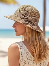 halpa Lomatarvikkeet-Naisten boheemi olkihattu rusetilla – useita värejä, kokoontaitettava helppoa kantamista varten, täydellinen arkeen ja rantalomalle