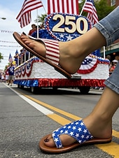  kvinners sandaler med stjerner og striper i USA-stil til 250-årsjubileum - patriotiske røde, hvite og blå flate sandaler til uavhengighetsdagen i 2026 og strandfester &festlige parader