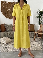 voordelige Witte jurk-Dames Halflange jurk Zonnejurk Zomerjurk Vakantie Casual Boho Dagelijks Feestdagen Uitgaan Ruim Passend Effen Korte mouw Revers blauw Grijs roze Zwart Geel Zomer Lente