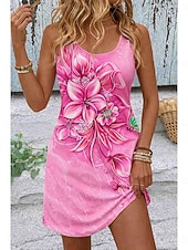 billiga Blommiga klänningar-Dam Mini klänning Solklänning A linjeklänning Sommarklänning Semester Ledigt Boho Strand Fest Bröllop Smal Blommig Grafisk Ärmlös U-hals Blå Gul Rodnande Rosa Rubinrött Sommar Vår