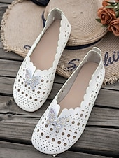 baratos Sapatilhas de mulher-Sapatos femininos brancos de bico largo com borboleta de strass – mocassins vazados macios e respiráveis para uso casual, viagens e dia a dia.