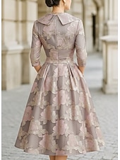 billige Te Lengde-A-linje Te-lengde Blazer kjoler Kjole til brudens mor Langermet Skjortekrage Elegant Årgang Formell Bryllupsgjest Bryllupsfest Sateng Jacquard med Plissert Blomst