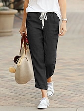 cheap Bottoms-Women's Faux Cotton Linen Chinos Summer Pants Vacation Streetwear Basic Ankle-Length Medium Waist Plain Drawstring Pocket Comfy Breathable Inelastic Daily Outdoor Streetwear Blue Black Green