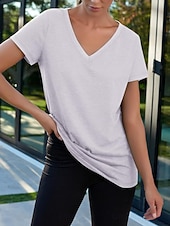 economico T-shirt semplice-Per donna Maglietta Semplice Moda Elegante Classico Manica Corta Scollo a V Top Regolari Quotidiano Uscire Weekend Bianco Rosa Vino Blu marino Albicocca Estate Primavera