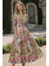 abordables Vestidos de cóctel-Corte A Vestido Midi Vestido de encaje Vestido formal Vestido de flores Vestidos de coctel Elegante Vintage Floral Manga Corta Escote en Pico Fiesta de jardin Boda Bolsillo Satén Encaje Espalda