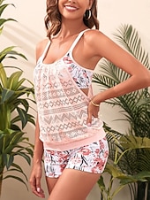 cheap Tankinis-Women's Swimwear Tankini 2 Piece Swimsuit Tummy Control High Waist Cut Out Slim Backless Vacation Beach Wear Floral Scoop Neck Sleeveless Bathing Suits