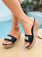 economico Donne-eleganti sandali con zeppa neri da donna - comode ciabatte con plateau e motivo in sughero con decorazioni in strass scintillanti per vacanze in hotel di lusso, feste a bordo piscina &amp;abbigliamento da