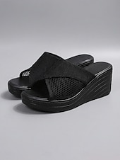 tanie Sandały na koturnie-Damskie beżowe sandały na koturnie z paskami na krzyż – letnie buty na platformie z odkrytymi palcami do ogrodu, na zewnątrz, na wakacje i na co dzień