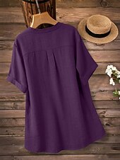voordelige Overhemden-Dames Overhemden met linnenlook Blouse Overhemd van imitatie linnen Knop Effen Kleur Dagelijks Stijlvol Basic Halve mouw V-hals Normale tops Dagelijks blauw Zwart Geel Rood Paars Zomer Lente Herfst