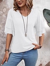billige Plain t-skjorte-Dame T skjorte T-skjorte Drapering عادي Mote Stilfull Klassisk Halvlange ermer V-hals Vanlige topper Daglig Ut på byen Helg Svart Hvit Rosa Navyblå Kamel Sommer Vår